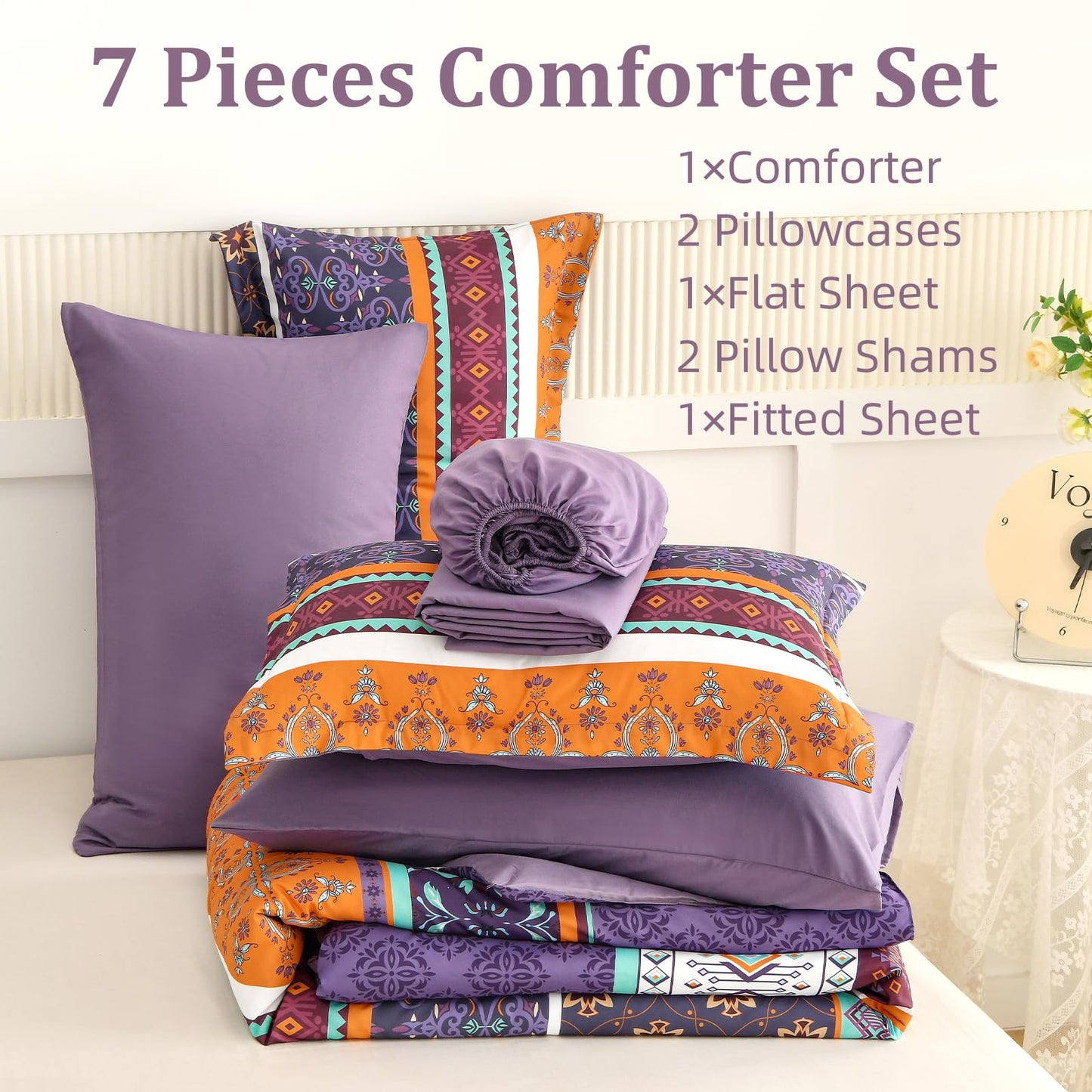WONGS BEDDING Boho Comforter Set King Size,7 Pieces Bohemian Striped Bedding Comforter Set Bed in a Bag,Purple Paisley Floral Comfortet and Sheet Set,Soft Microfiber Bedding Sets for All Season