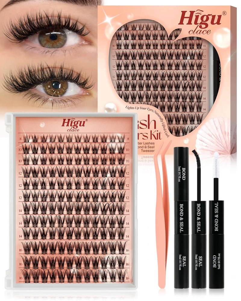 Lash Clusters Kit - 144pcs C Curl Natural Eyelash Extensions | DIY Wispy 8-16mm with Bond & Seal Tweezer