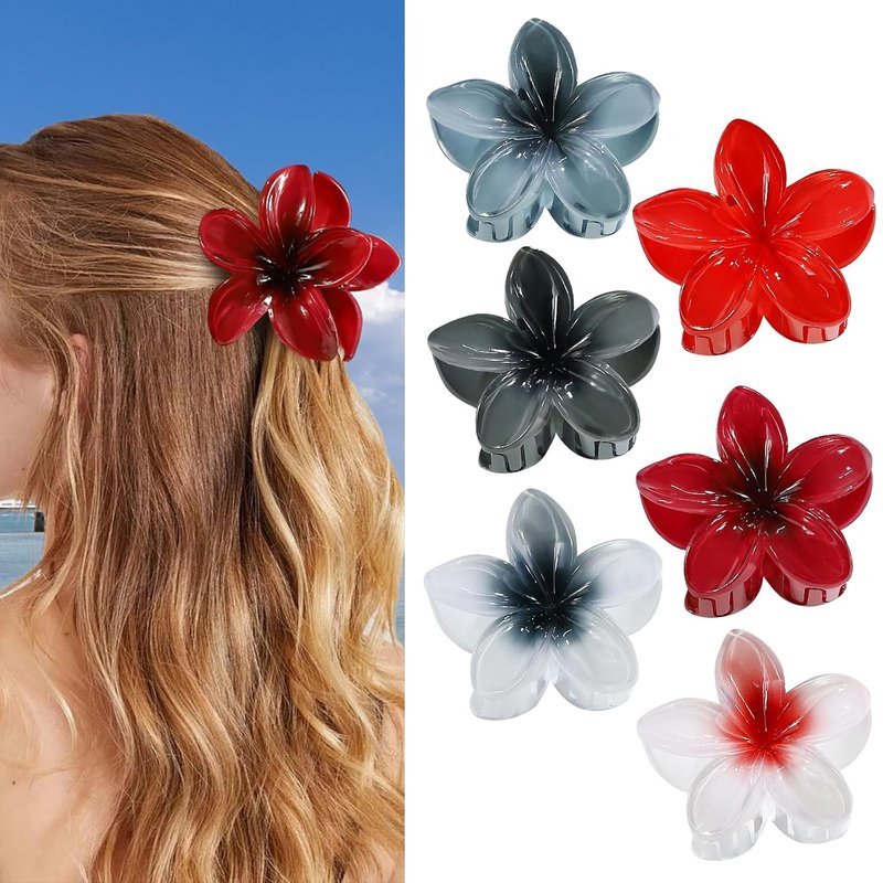 CHANDAT Flower Hair Clips - 6 PCS Hawaiian Claw Clips for Thick & Thin Hair | Dark Color Plumeria Accessories
