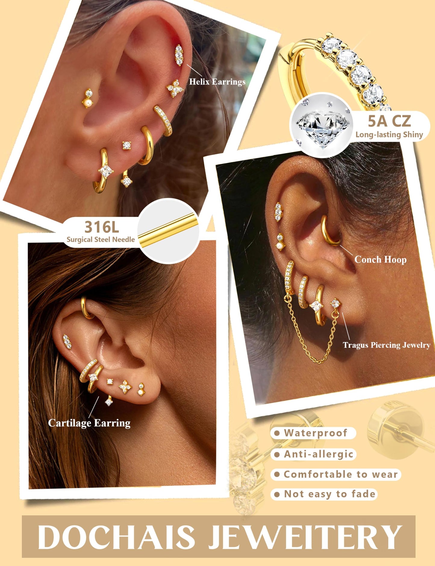 Dochais Hypoallergenic Flatback Stud Hoop 14K Gold Plated Earrings Stacks - Surgical Stainless Steel Earring Set Chain Cartilage Earrings - Small Ear Piercing Flat Back Earring for Women Trendy