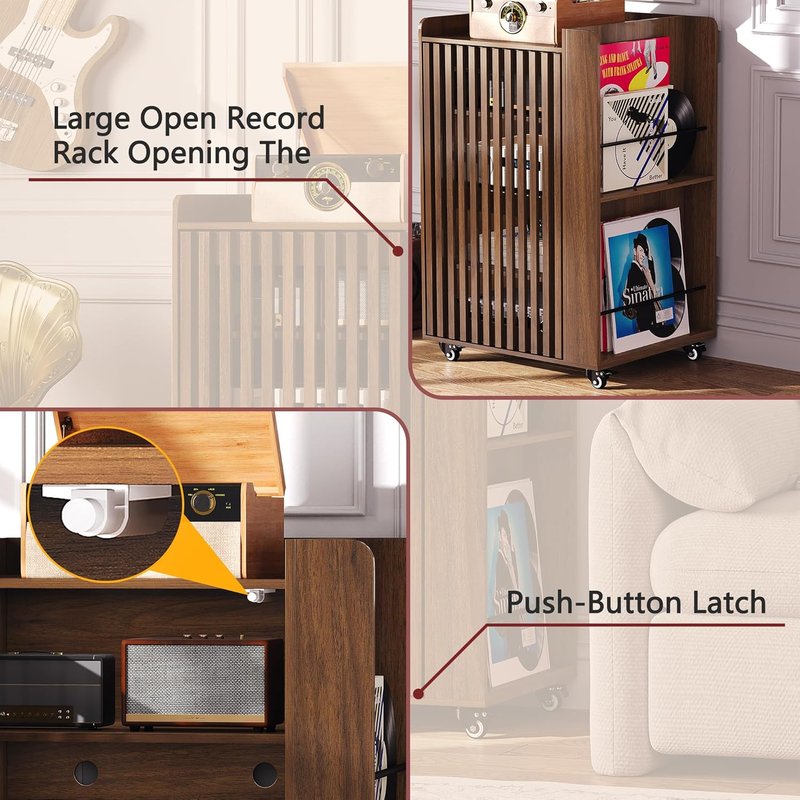 Rolling Media Cabinet with Side Vinyl Record Storage, 5-Tier Large Stereo Cabinet with Door and Cable Management, Audio Video Shelf for Living Room Gaming Room Music Room (Walnut)