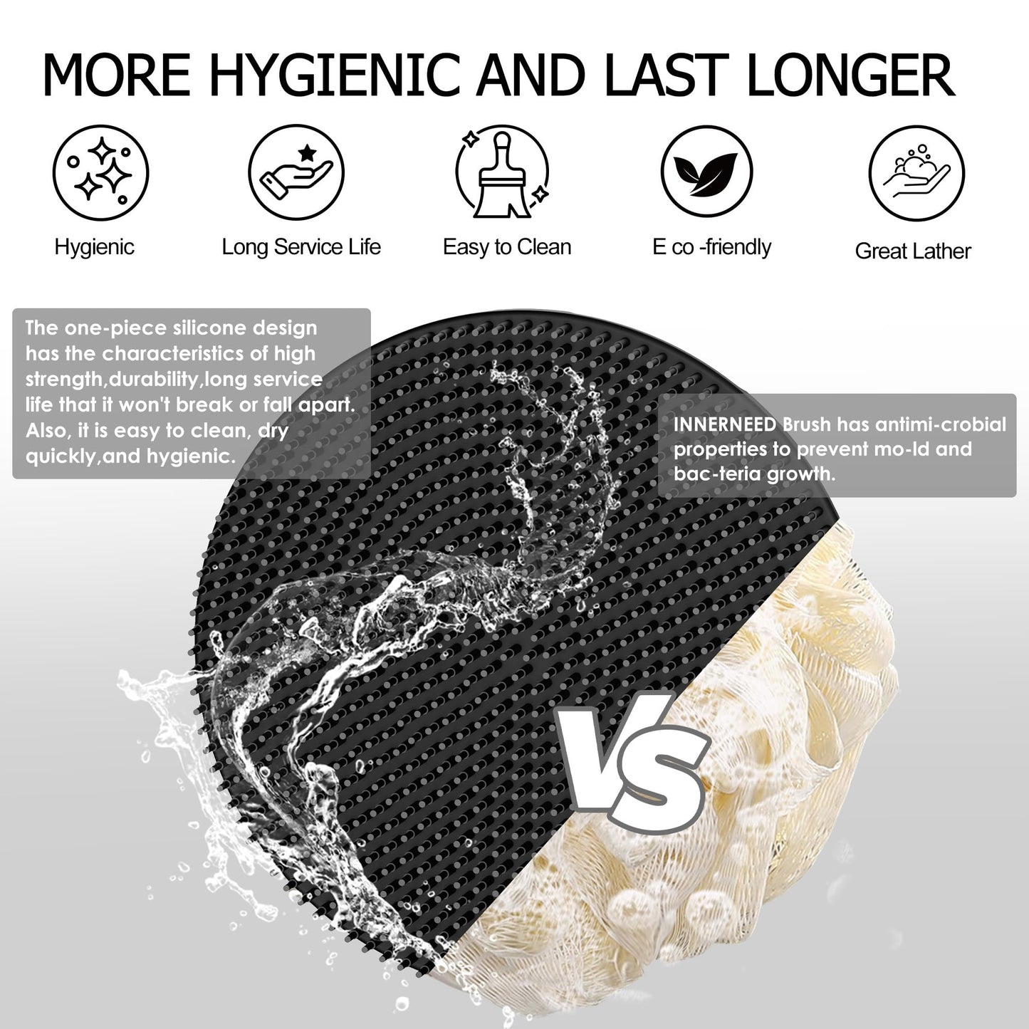 INNERNEED Food-Grade Soft Silicone Body Scrubber Shower Brush Handheld Cleansing Skin Brush, Gentle Exfoliating and Lather Well (Pack of 3)