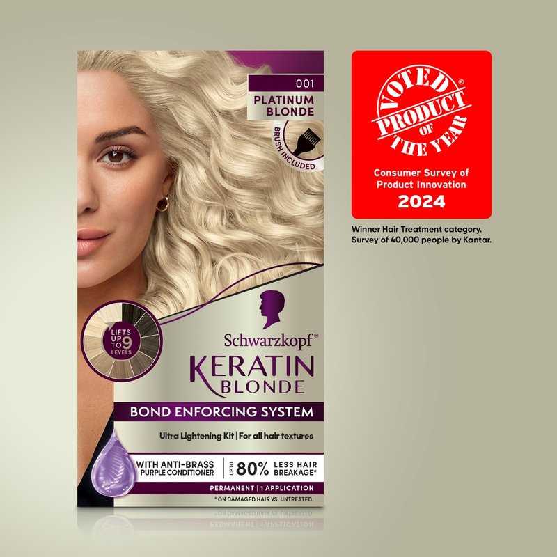 Schwarzkopf Keratin Blonde Hair Dye Platinum Blonde 001, Ultra Lightening Kit, 1 Application - Hair Bleach Enriched with Keratin, Lightens up to 9 Levels and Protects Hair from Breakage (Pack of 2)