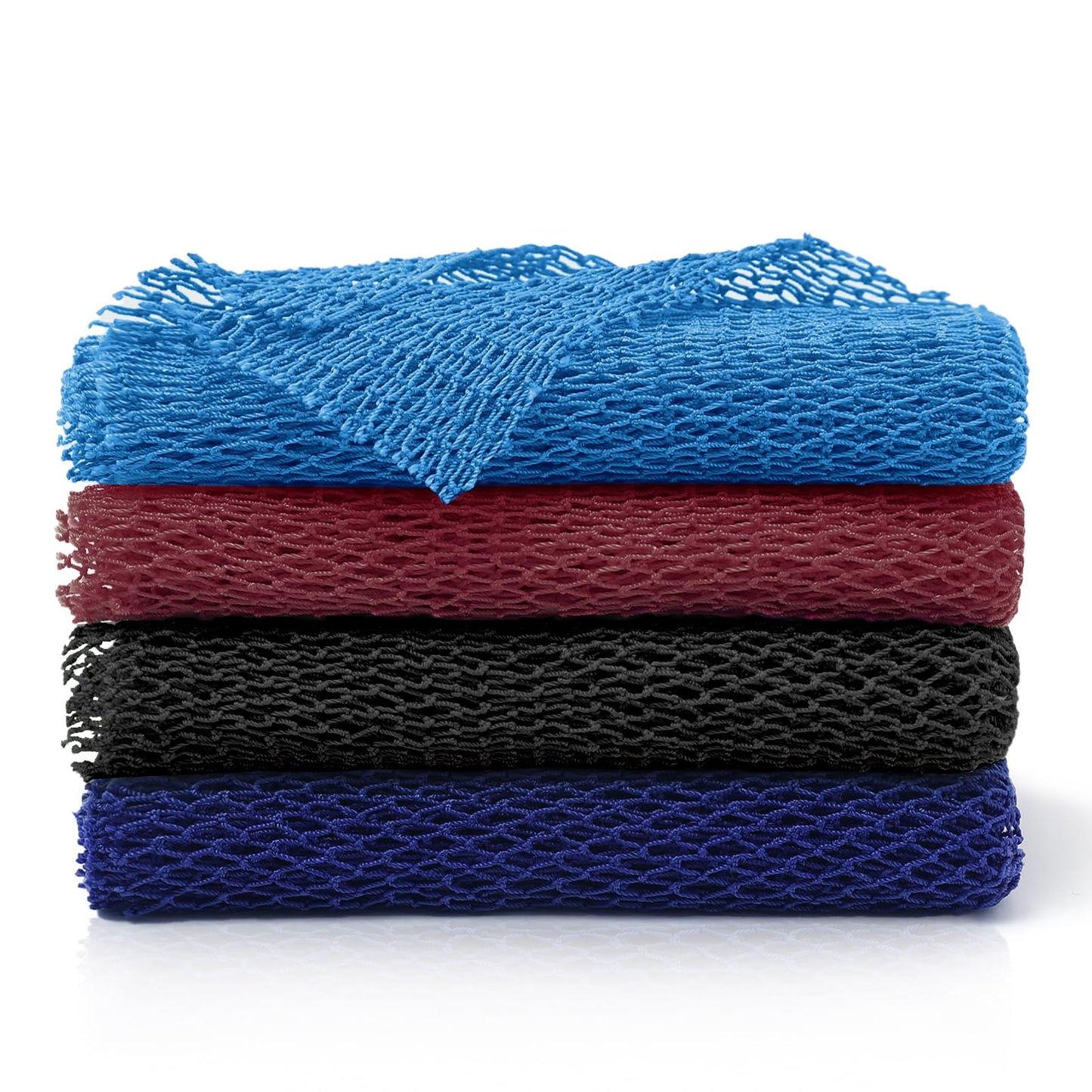 4 Pieces Nylon African Exfoliating Net Sponge, Authentic African Net Sponge for Bath and Shower, Body Scrubber Back Exfoliating Bath Accessories (Black, Dark Blue, Light Blue, Brown)