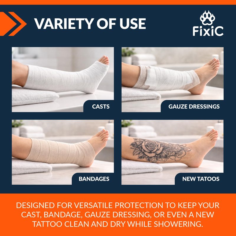 Fixic Cast Covers for Shower Leg 2 PCS - 100% Waterproof Cast Cover Bags for Showering - 28" Reusable Cast Protector for Shower Leg Adult - Plastic Seal Tight Foot Sleeve for Bandage & Wound!
