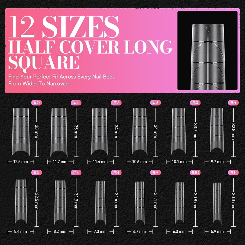 Makartt XL Tapered Square Nail Tips - Matte Clear Half Cover Fake Nails with Alignment Guides | 240pcs in 12 Sizes