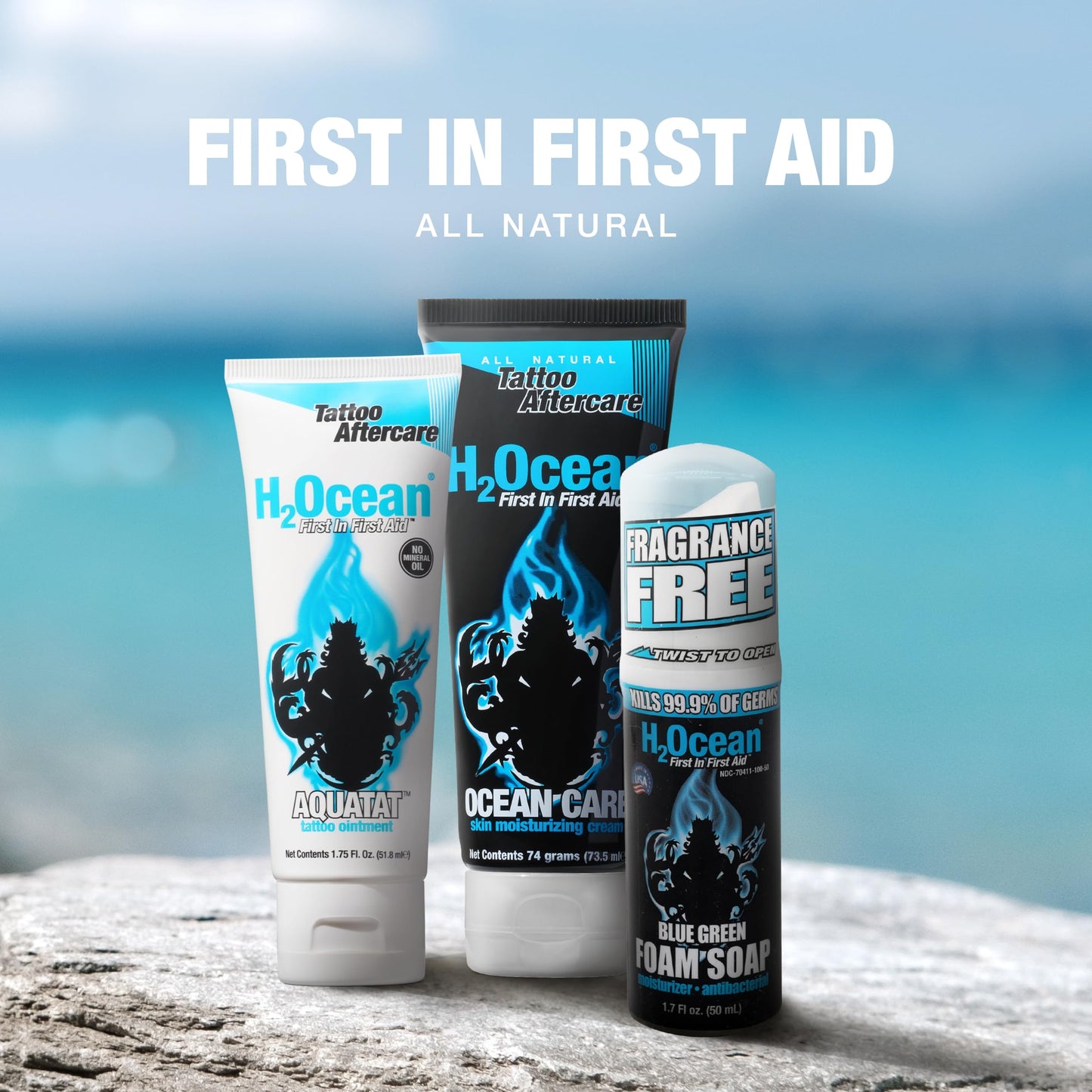 H2Ocean Extreme Tattoo Aftercare Kit – Complete 3-Step Tattoo Care & Healing Set with Antibacterial Foam Soap, Moisturizing Cream & Ointment – Sea Mineral Enriched Formula for Healthy, Vibrant Tattoos