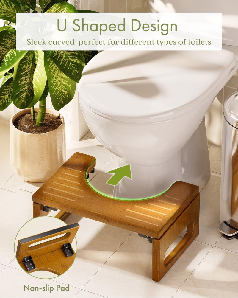 AmazerBath 7 Inches Bamboo Toilet Stool Squat for Adult, Foldable Squatting Potty Stool for Bathroom, 0.79" Thickness Poop Stool with Non-Slip Strip, No Assembly Required, Dark Wood Color