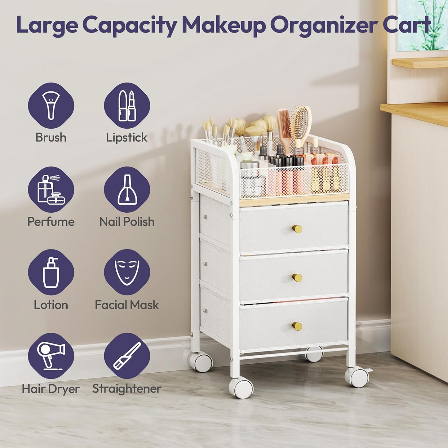 SWTYMIKI Rolling Makeup Organizer Cart - Under Desk Vanity Storage with 3 Drawers | Perfect for Cosmetics & Tools