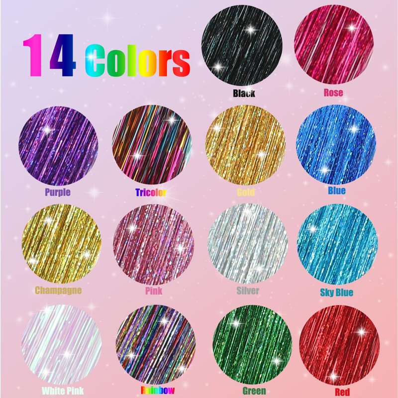 MISSUHUI Hair Tinsel Kit With Tool Hair Tinsel Heat Resistant Fairy Glitter Hair Extensions Sparkling Tensile Hair Extensions for Women Girls Kids