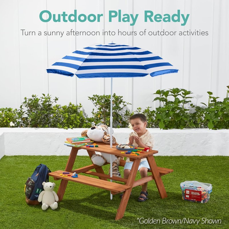 Best Choice Products Wooden Kids Picnic Table - Outdoor Activity Set with Umbrella & Built-In Benches, Sage Color