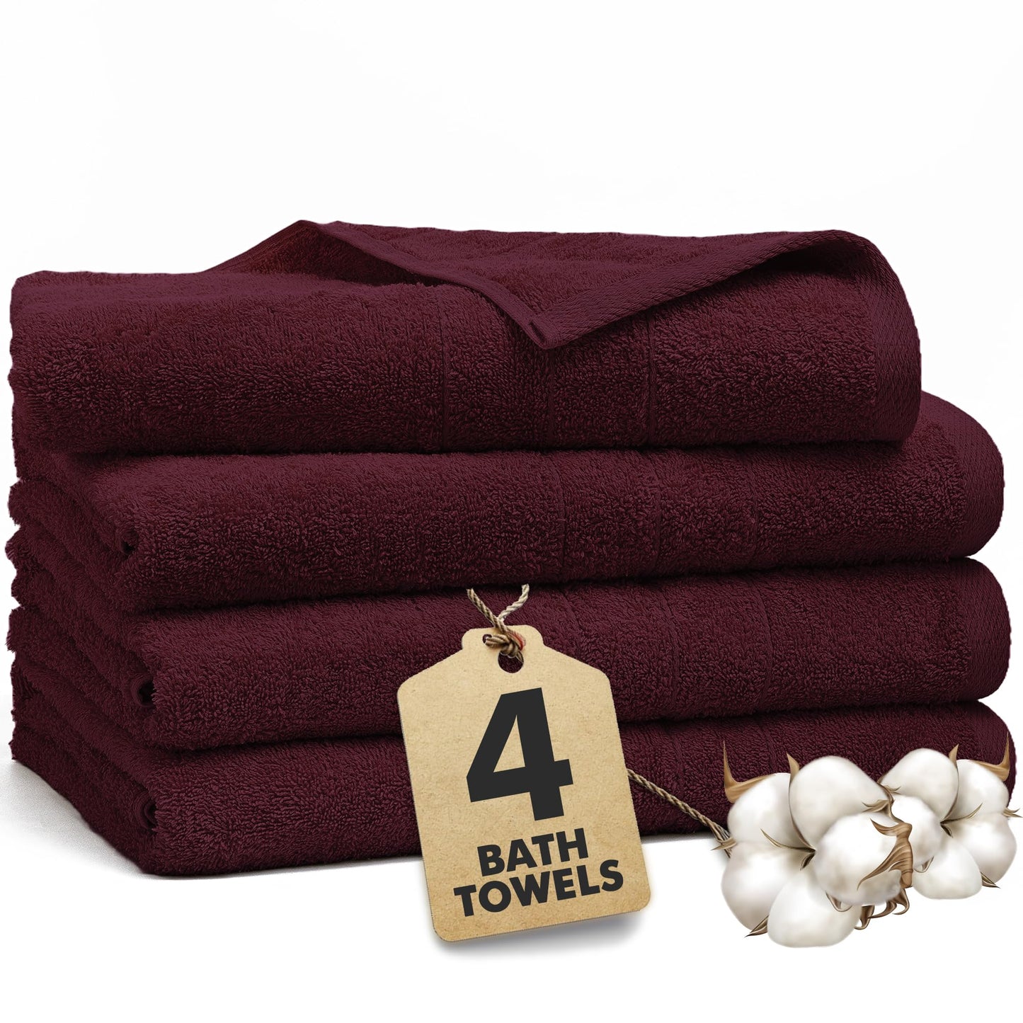Novo Home Bath Towels Set of 4 – 100% Cotton Burgundy Extra Large Towels for Bathroom, Spa Use (55x28 in) – Super Soft and Quick Dry Large Bath Sheets for Adults