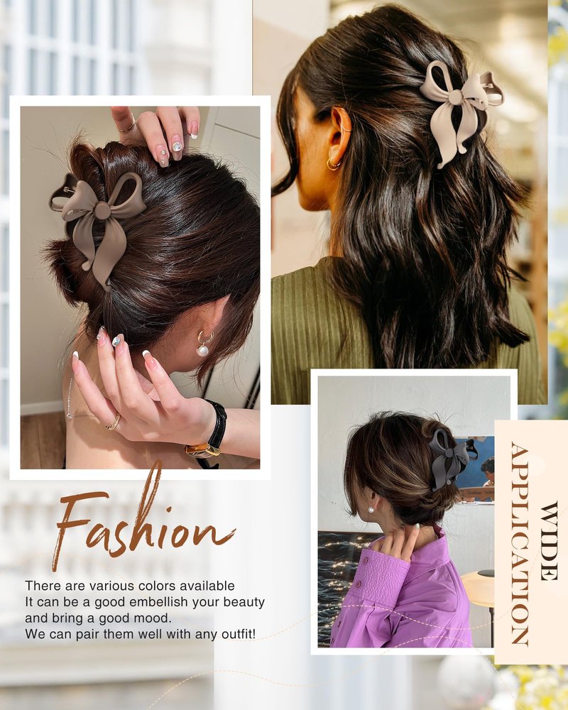4 PCS Bow Hair Clips Bow Claw Clip for Women, Large Hair Claw Clips for Thin Thick Long Hair Cute Nonslip Bows (Black+Grey+Dark Brown+Light Brown)