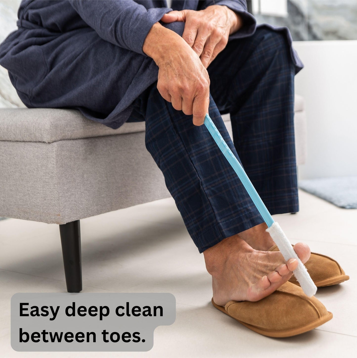 Burlingham's Toe and Foot Towel Brush with Reusable Drying Covers Long 17” Handle for Cleaning Between Toes, Soft Skin Exfoliation,for Seniors, Adults, Kids (Toe Towel Brush + 3 Covers)