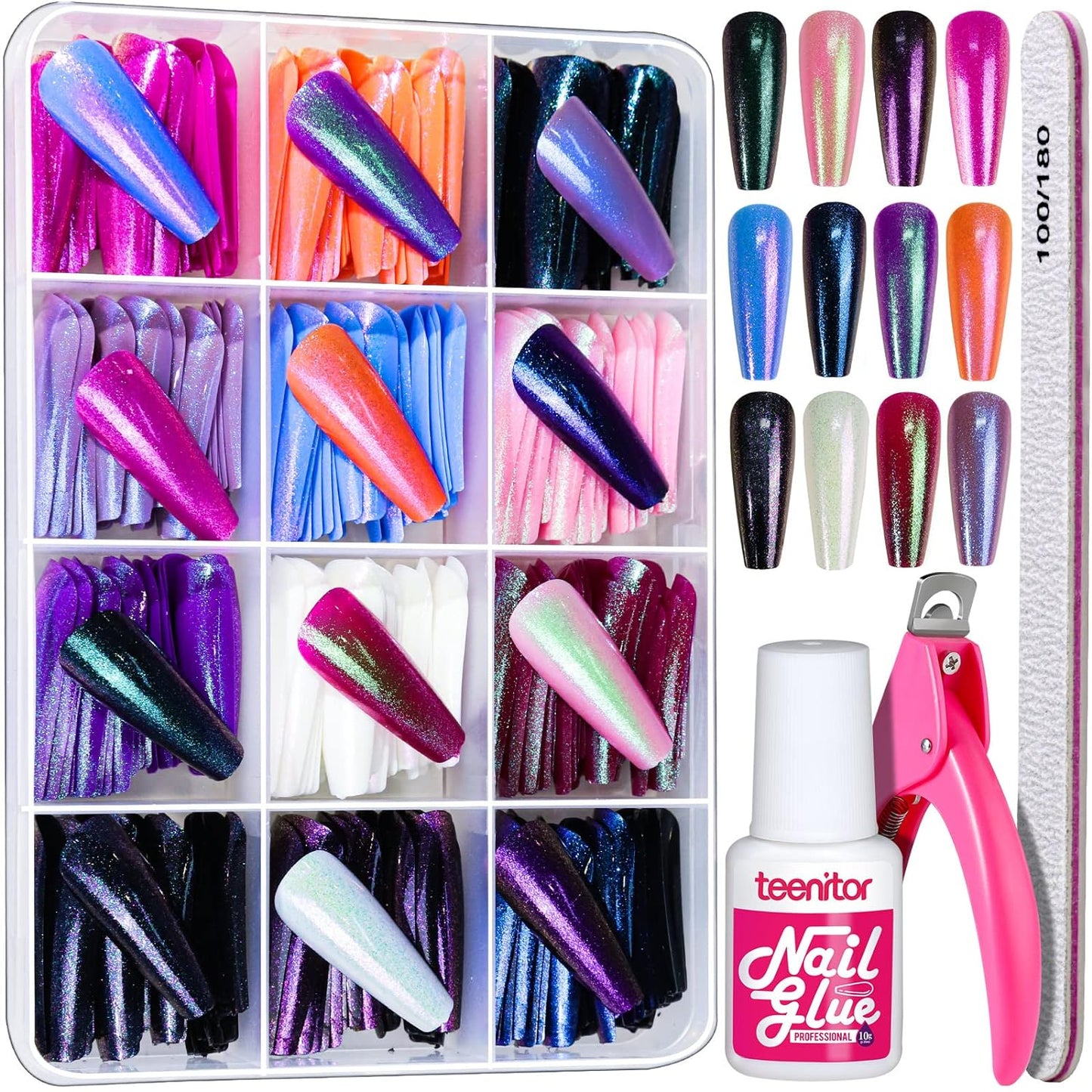 Teenitor Long Press On Nails - 288pcs Chrome Ballerina False Nails | 12 Colors Holographic Metallic Finish