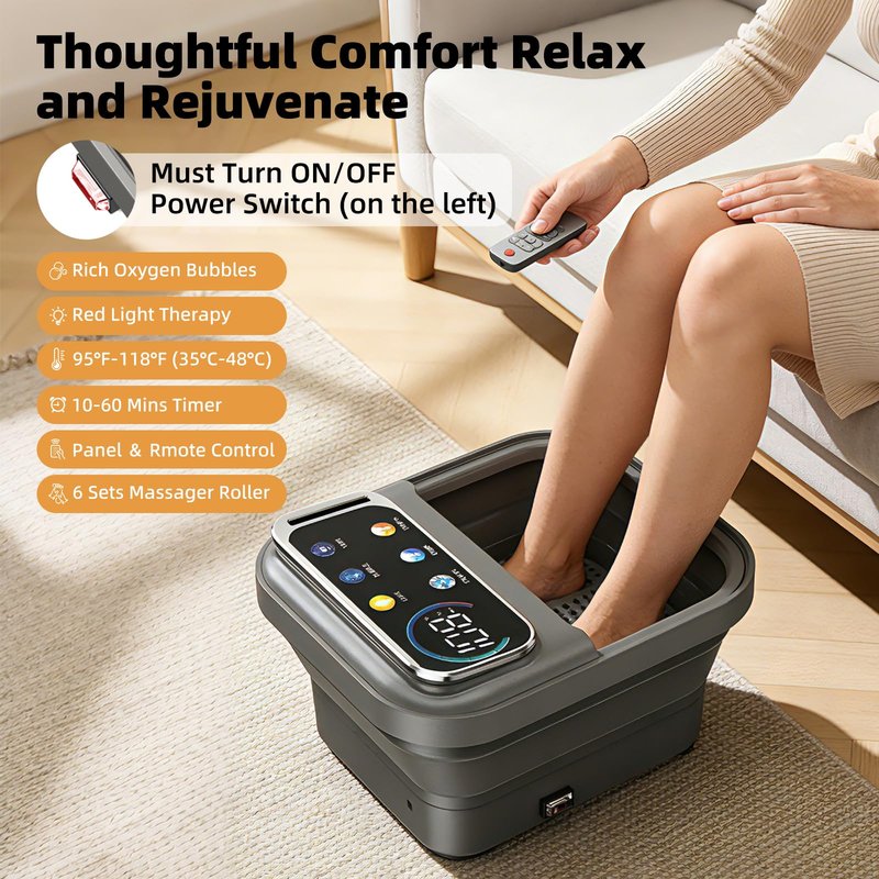 Omnqira Collapsible Foot Spa Bath with Heat and Bubbles, Portable Foot Soaker Tub with XL Touch Screen, Temp Control & Massage Rollers, At-Home Pedicure Spa for Stress Relief