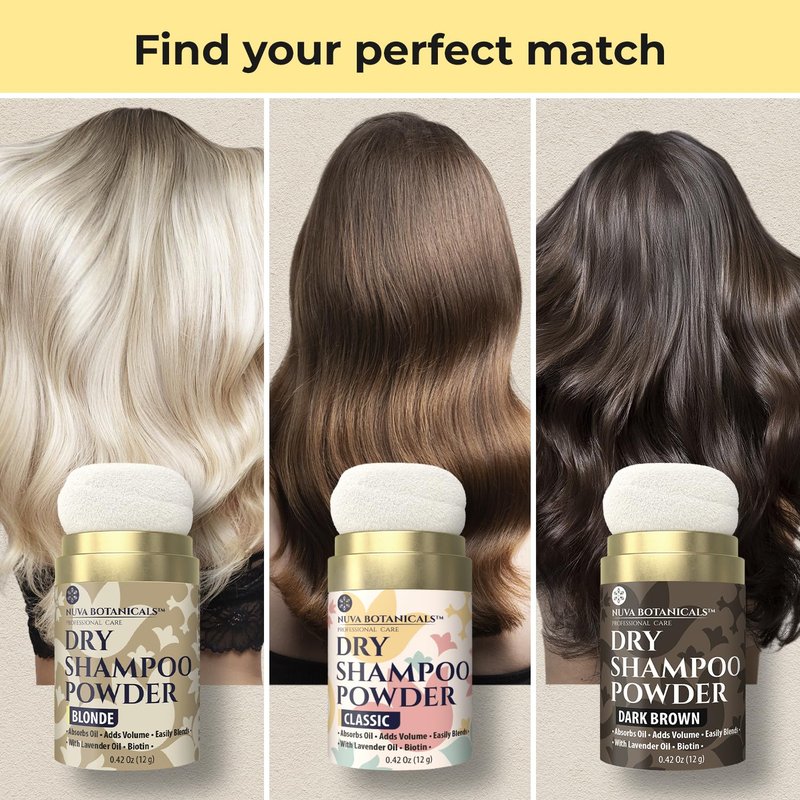 Nuva Botanicals Non Aerosol Dry Shampoo Powder with Biotin - Lavender Extract and Korean Ginseng - Volumizing Travel Dry Shampoo - Classic, Dark Brown and Blonde (0.42 oz, 3 Pack)