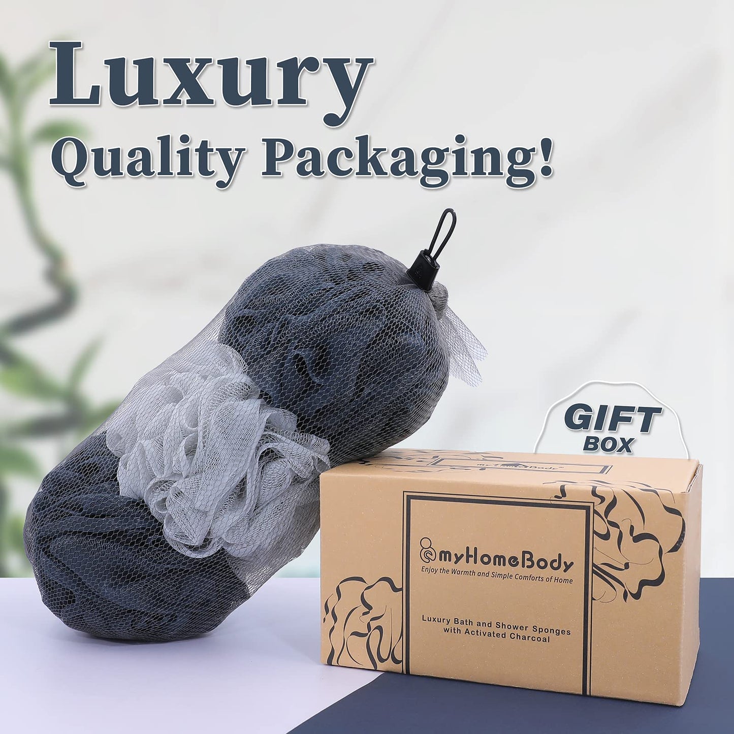 myHomeBody 60g Loofah Sponge, Body Scrubber, Bath Sponge, Loofah for Women, Men, Exfoliating Sponge Shower Pouf with Activated Charcoal – 3 Pack, 2 Midnight Blue + 1 Fog Gray