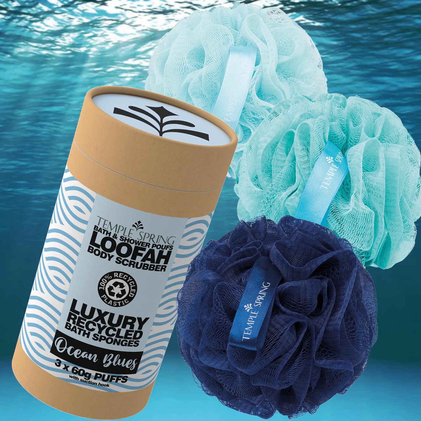 Temple Spring Soft Mesh Shower Loofah Sponge 3-Pack (60g Each) — Gentle Exfoliating Body Scrubber for Rich Lather & Smooth Skin, Bath Sponge for Women & Men, 100% Recycled Materials with Suction Hook
