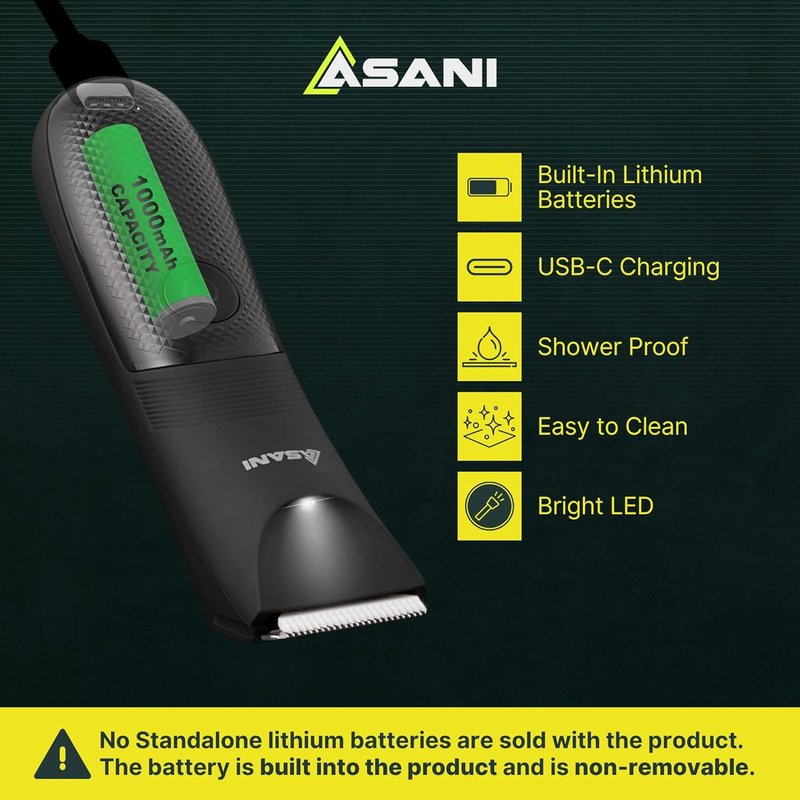 Asani Upkeeper Body Hair Trimmer - Rechargeable Electric Groomer with Nick-Free Blade & LED Light | IPX7 Waterproof for Groin & Legs