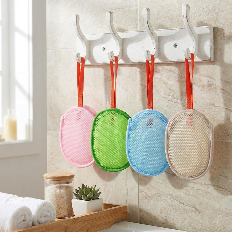 4 Pcs Mesh Soap Bag, Exfoliating Soap Pouch, Soaps Loofah Pouch for Women and Men, Bar Soaps Scrubber Pouches for Shower Bathing Accessories (Blue, Pink, Green, Khaki)