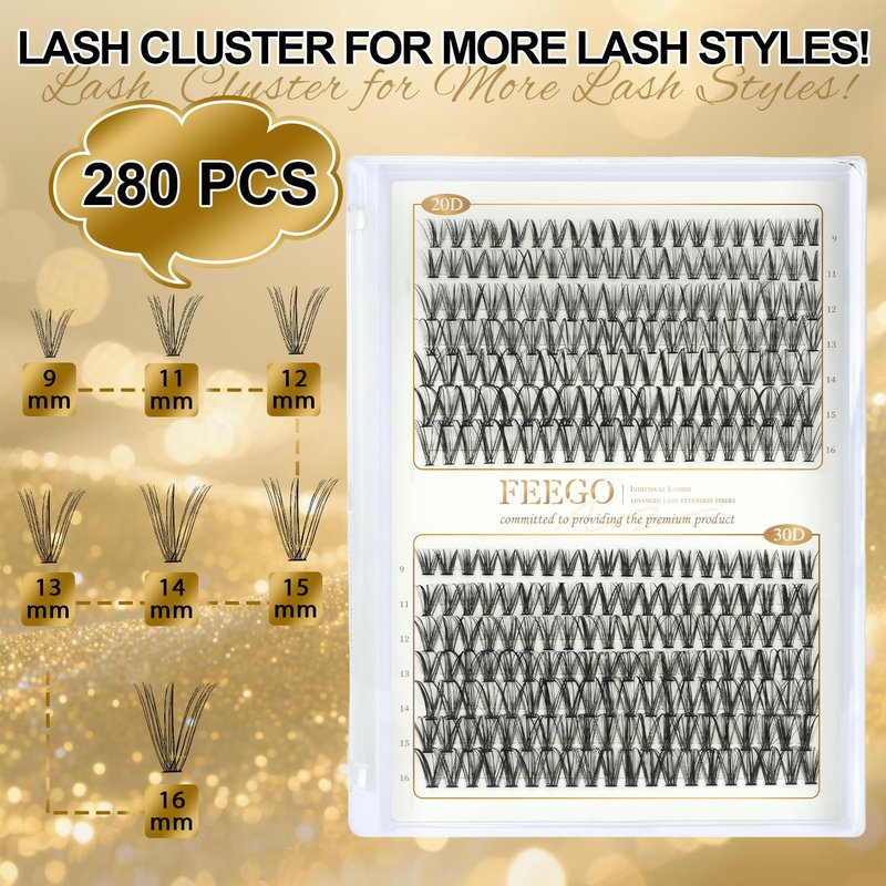 FEEGO Eyelash Extensions Kit Lash Clusters DIY Lash 280pcs 9-16mm Individual Lashes Clusters 20D 30D D Curl Eyelash Extension Kit Individual Lashes, Lash Bond, Seal Glue, Remover (2030D Charming Kit)