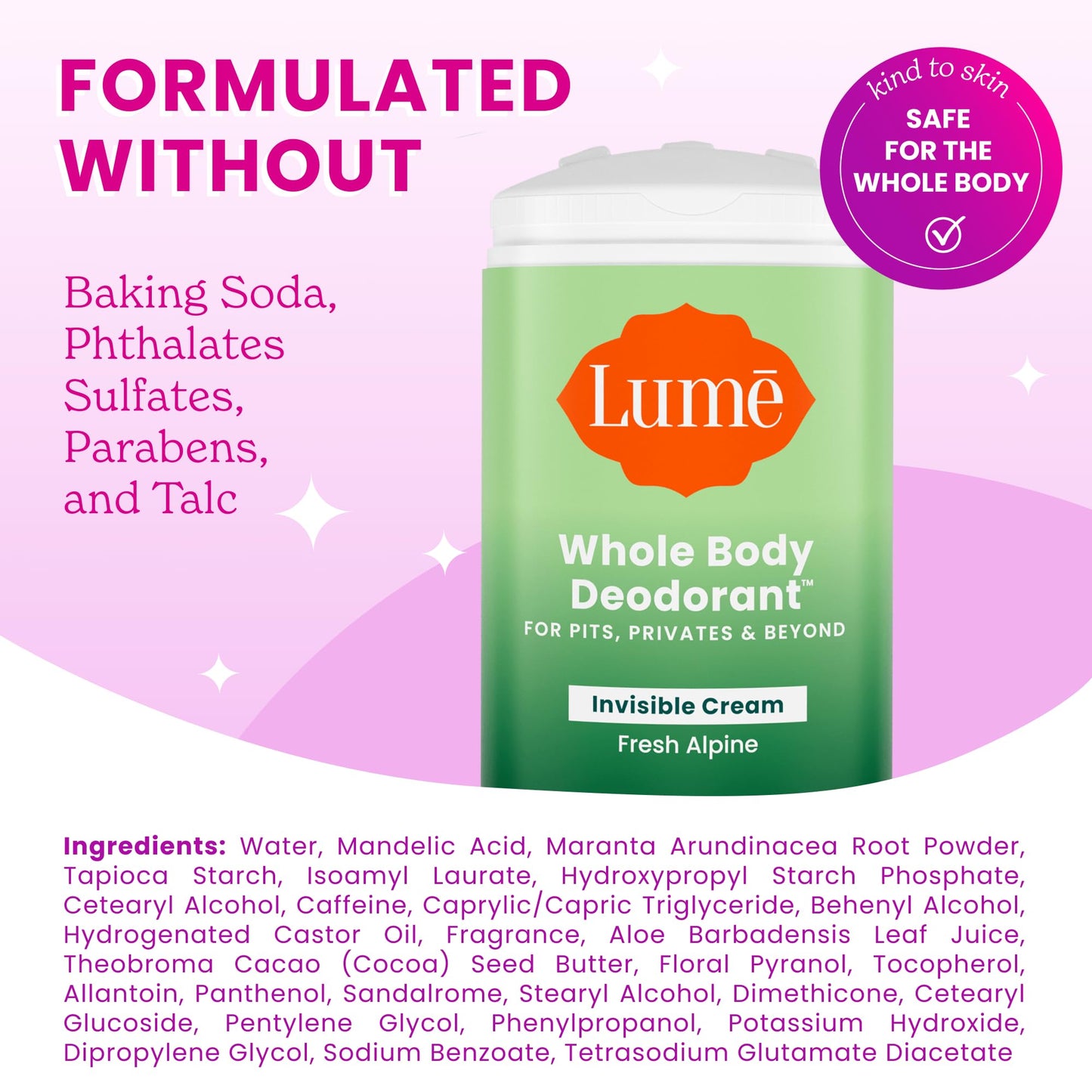 Lume Whole Body Deodorant - Invisible Cream Stick - 72 Hour Odor Control - Aluminum Free, Baking Soda Free, Skin Safe - 2.2 Ounce (Pack of 2) (Fresh Alpine)