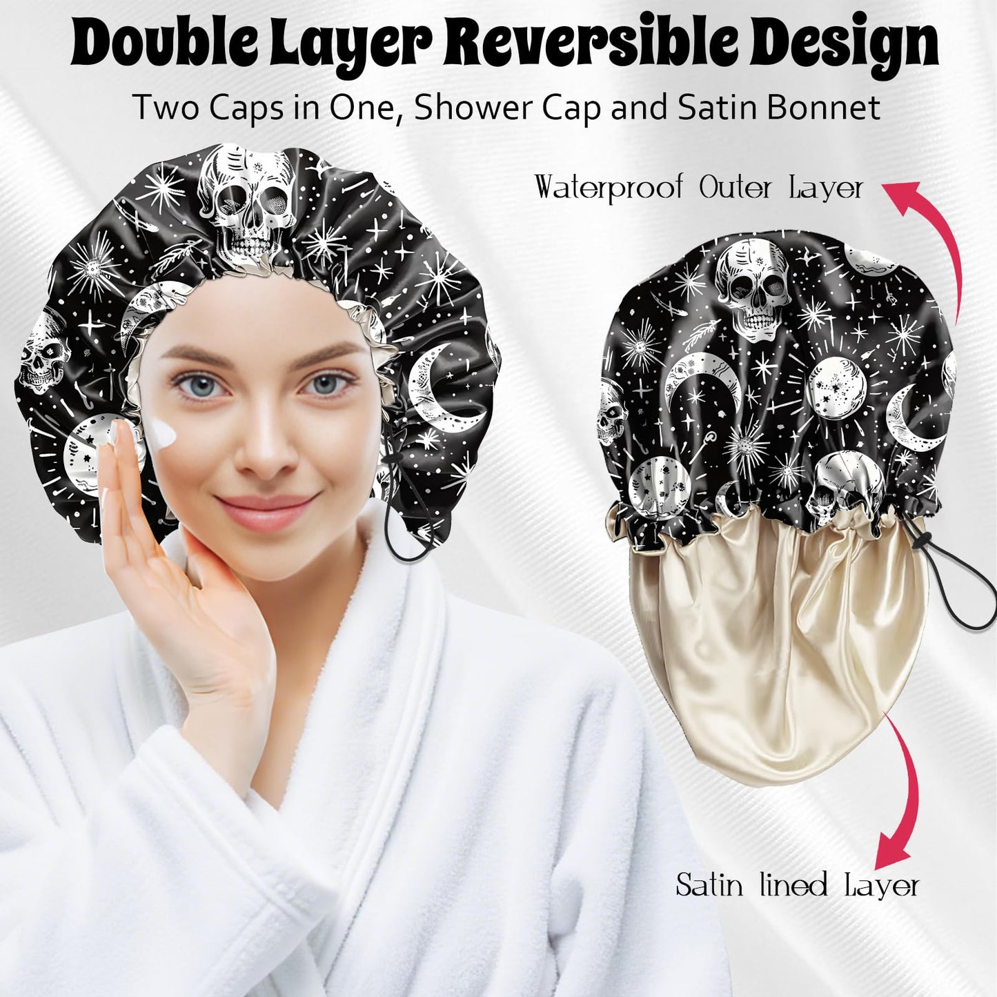 BHAHB Luxury Shower Cap Satin Lined Reusable Waterproof Double Layer Elastic Adjustable Hair Bath Cap Cute Aesthetic Women Girlss-Skull