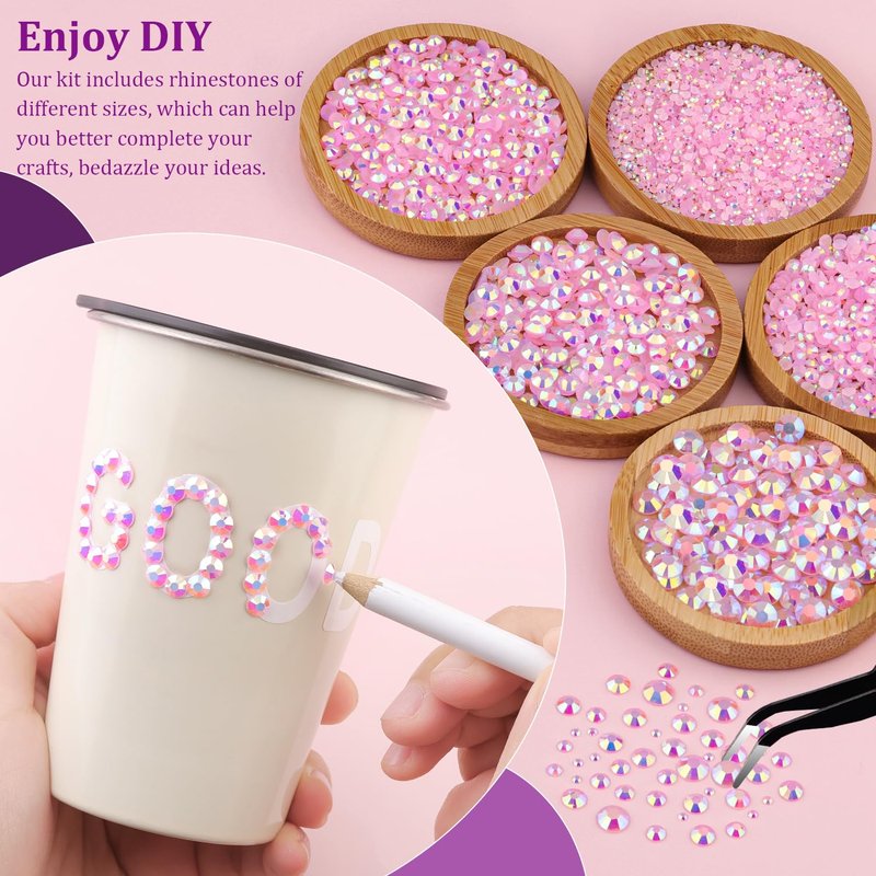 Resin Jelly Rhinestones for Crafting with B7000 Jewelry Glue, 1 Box Light Pink AB Flatback Crystal with 3Pcs 10ml Glue, Bedazzling Non Hotfix Gems for DIY Tumblers Clothing Shoes Manicure