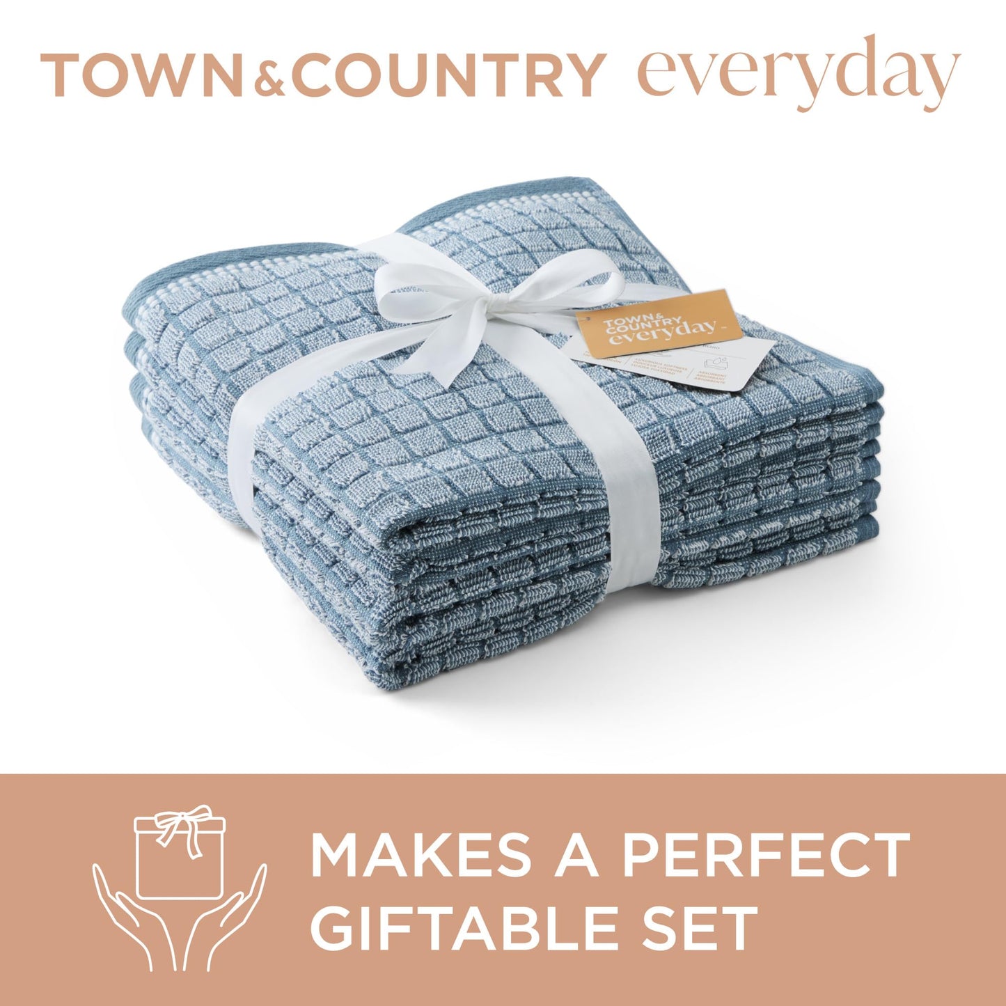 TOWN & COUNTRY EVERYDAY 4-Piece Textured Windowpane Washcloth Set, 13x13-Inch, 100% Cotton, Plush & Absorbent 550GSM, Blue