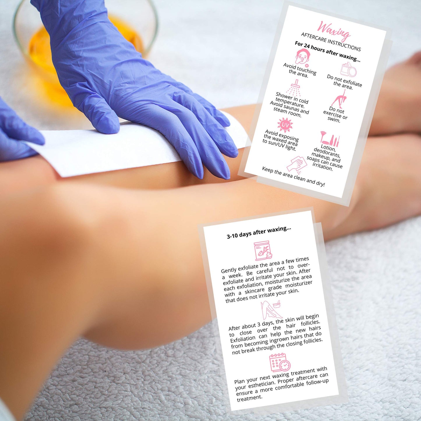 Waxing Aftercare Cards | 50 Pack | Size 2 x 3.5” inches Business Card Size | Waxing Aftercare Kit Cards PMU | Aftercare Instructions White with Pink Icons Design