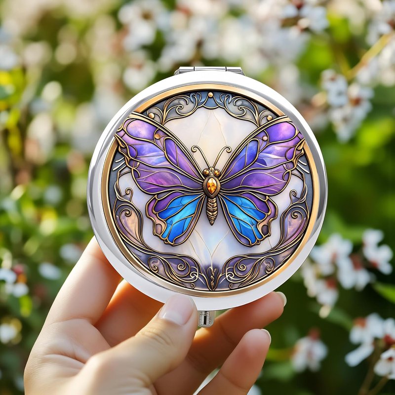 Silver Compact Mirror - Double-Sided Folding Makeup Mirror with Purple Butterfly Design | 2.8x2.8 Inch, Perfect Gift for Women