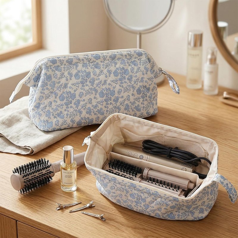 Quilted Hair Tools Travel Bag Compatible with Dyson Hair Dryer Airwrap, Floral Hair Tools Bag Compatible with Shark Flex Style Case, Hair Dryer, Curling Iron, Dustproof Travel Storage Organizer (Blue)