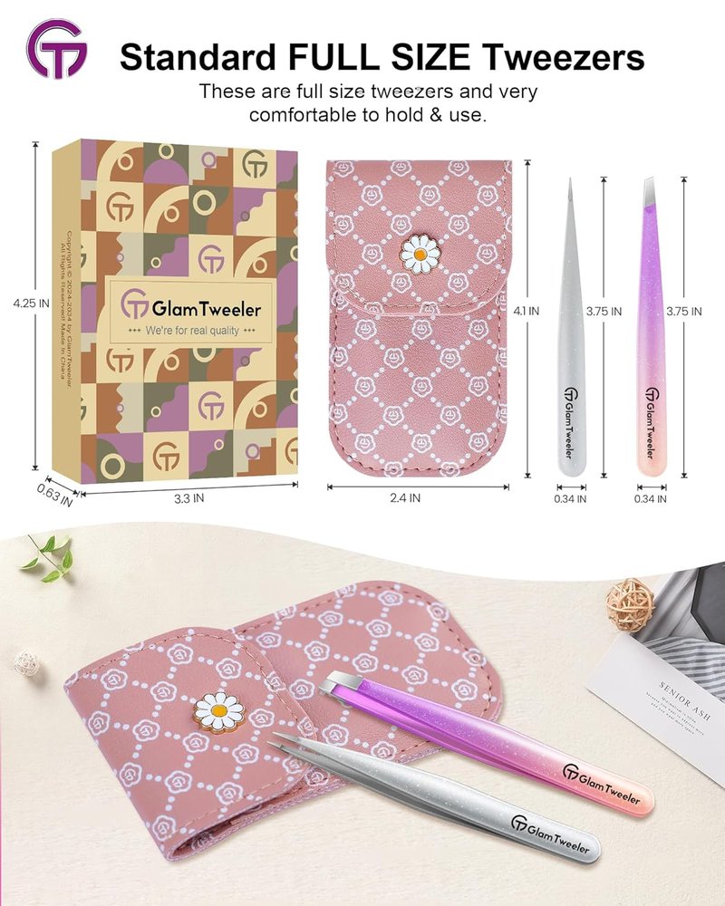GlamTweeler Slant & Point Tip Tweezer Set - Precision Hair Removal | Sparkle Violet & Silver Carrying Case