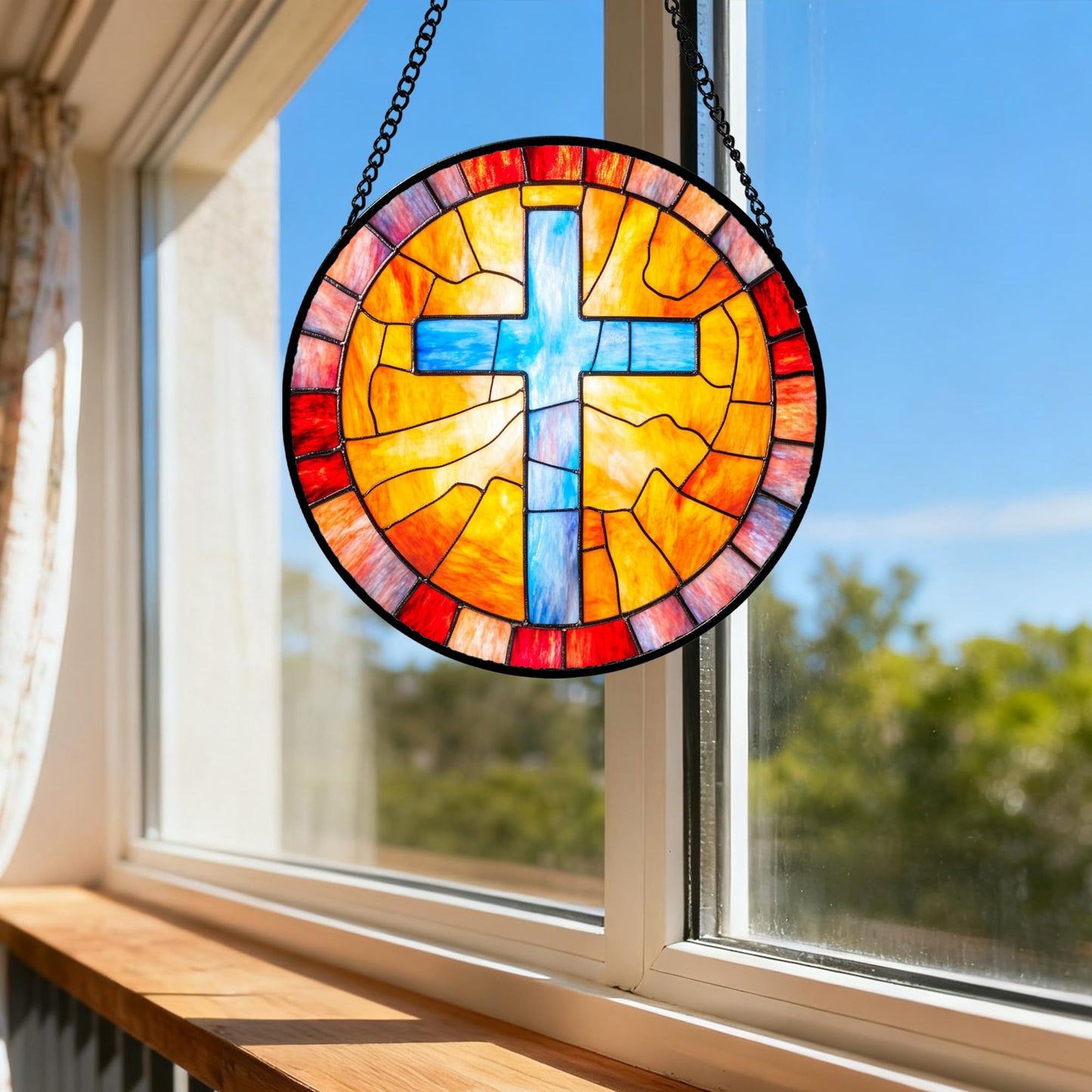 QZQCBLC Christian Gifts for Women - Blue Jesus Cross Stained Glass Window Hanging Easter Orange Sun Catcher Garden Religion Decor Mother's Day Catholic Gift for Men Grandma Nana Dad Mom Her 6.3"