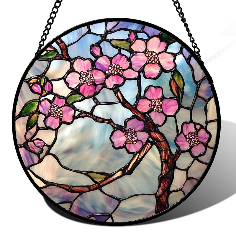 QZQCBLC Stained Glass Window Hanging Pink Flowers 7.8" - Green Leaves Suncatcher Door Garden Sun Catcher Home Decor Birthday Christmas for Mom Men Woman Friends Nana Wife
