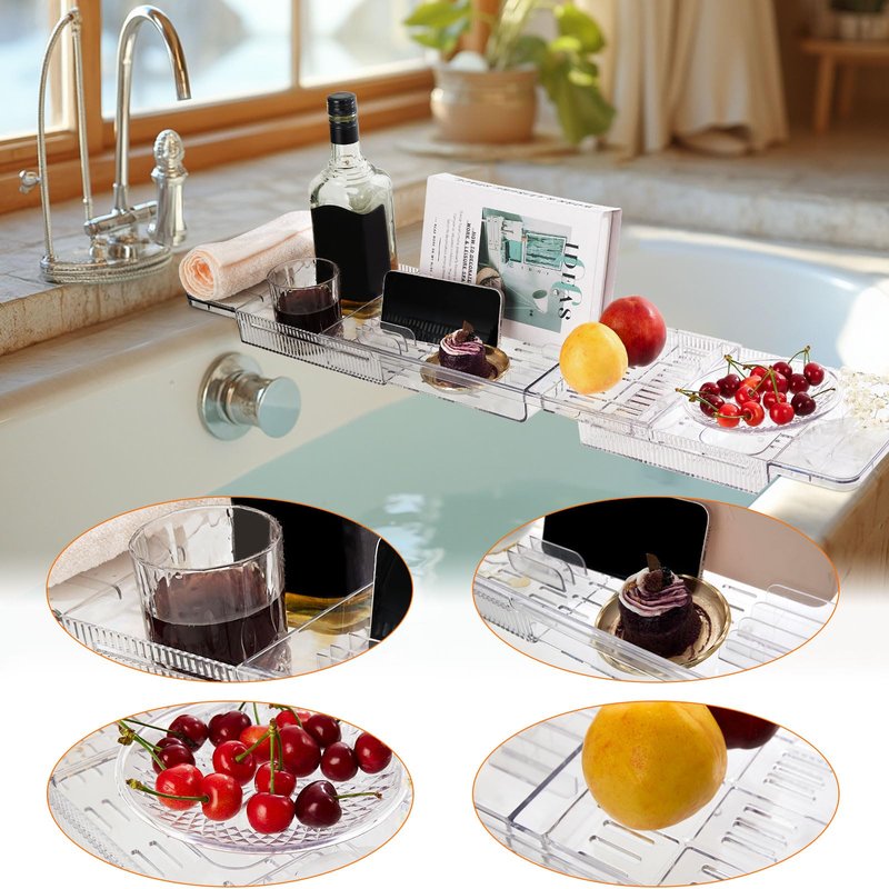 ASSTYSXH Expandable Bathtub Tray for Tub, Clear Acrylic Bath Caddy with Anti-Slip Design, Waterproof Bathroom Storage, Bath Organizer for Women, Fits Most Tubs up to 31.7" Ideal for Women and Adults
