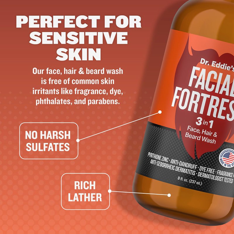 Facial Fortress Dr. Eddie's 3 In 1 Face, Hair, & Beard Wash - Beard Dandruff Shampoo For Men, Beard Cleanser, Face Wash, Beard Care, Face Soap With Pyrithione Zinc - 8 Fl Oz (Pack Of 1)