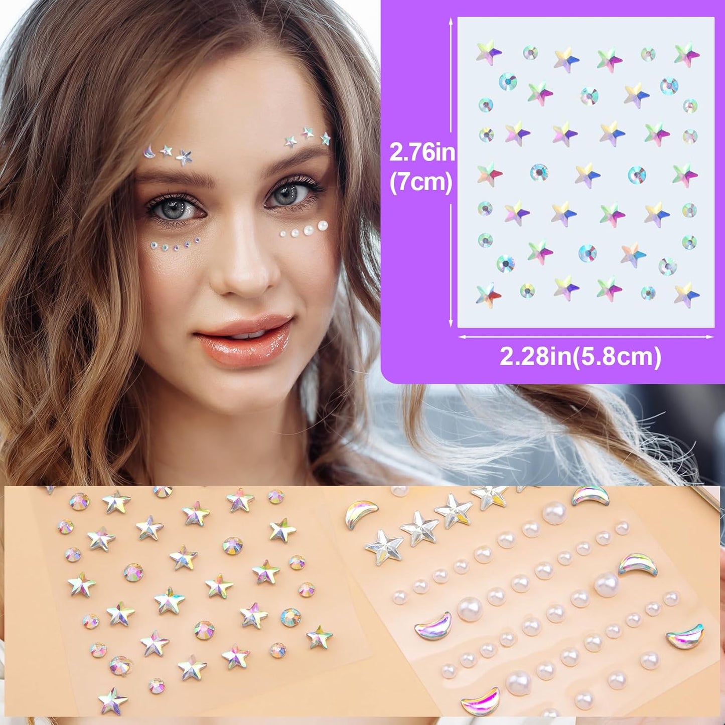Star Face Jewels Stickers - Acrylic Moon & Pearl Rhinestone Gems for Makeup | 2 Sheets for Rave & Body Art