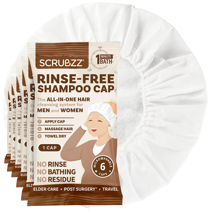 Scrubzz Shampoo Caps No Rinse for Elderly and Bedridden Patients, Rinse Free Shampoo Caps for Post Surgery and Hospital Stays, Waterless Hair Washing Shower Caps - Coconut Vanilla - 6 Pack