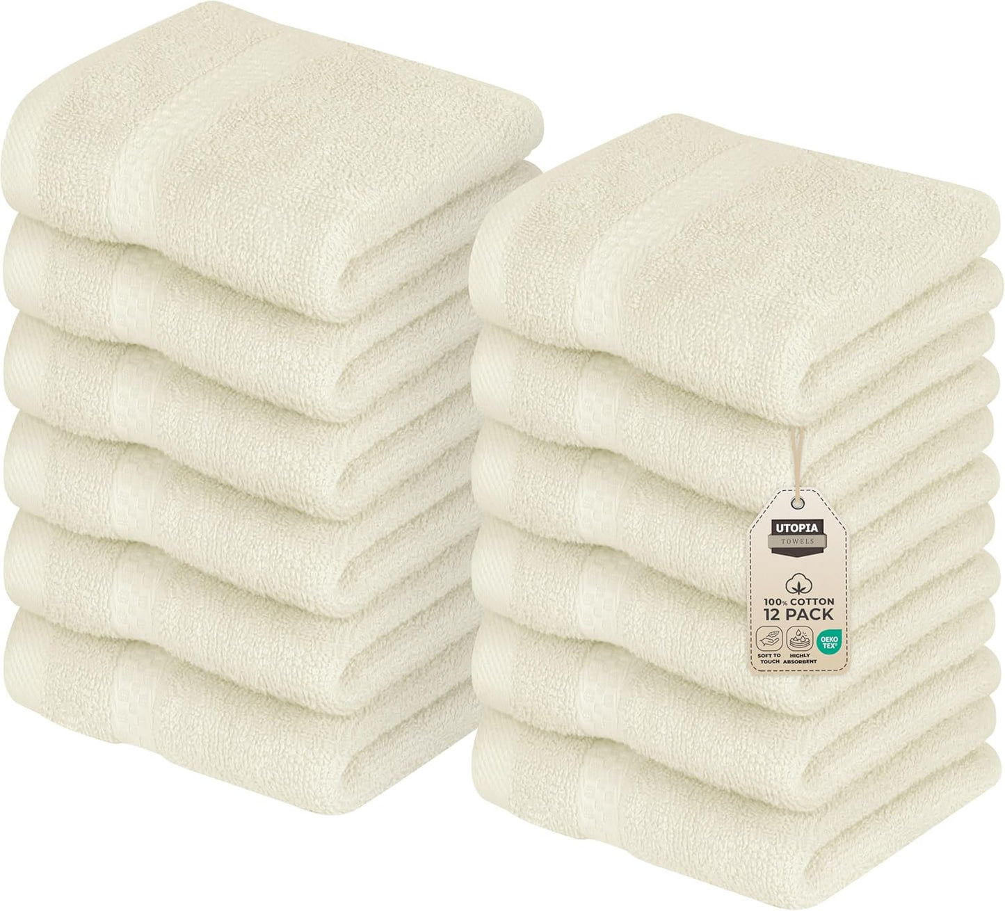 Utopia Towels | Premium 12-Pack Wash Cloths Set - 100% Cotton, Highly Absorbent, Soft Feel | 12x12 Inches, Ivory