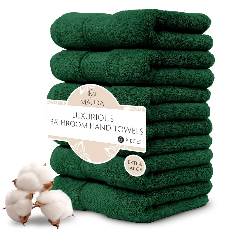 MAURA Hunter Green Hand Towels for Bathroom. Luxury Turkish Cotton Bath Hand Towels Set of 6. Ultra-Soft, Thick & Plush - Dark Green