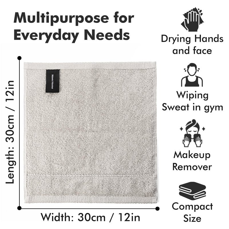 Novo Home Face Towels Pack of 12 – 100% Cotton Wash Cloths (12x12 inch) – Soft, Quick Dry & Highly Absorbent Hand Towels for Bathroom, Spa, Gym, Kitchen and for Daily Use - (Light Grey)