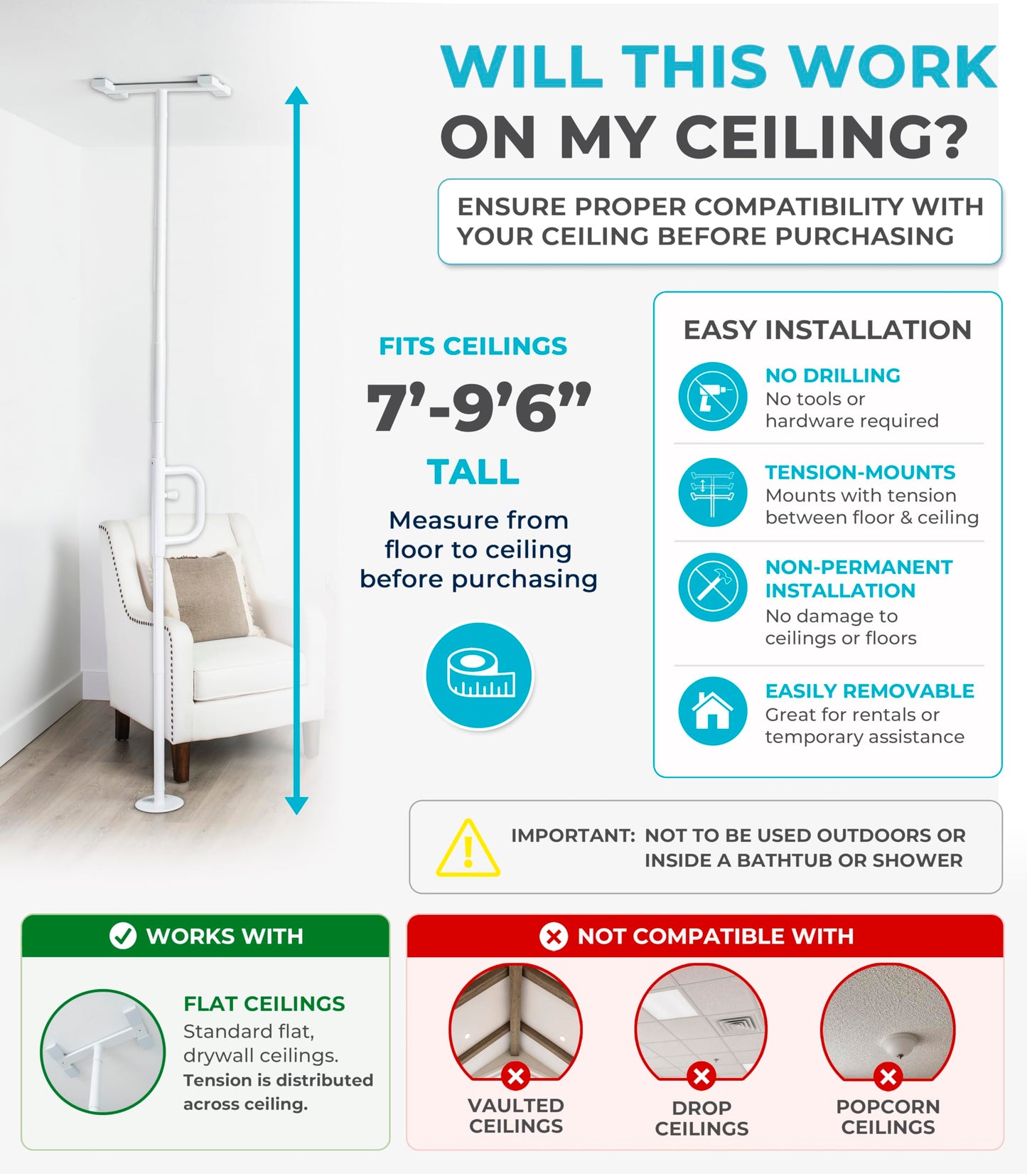 Stander Wonder Pole, Security-Pole and Curve Grab Bar, Tension Mounted Floor to Ceiling Transfer-Pole for Seniors, Elderly Adults, Bathroom Safety Assist and Stability Rail, White