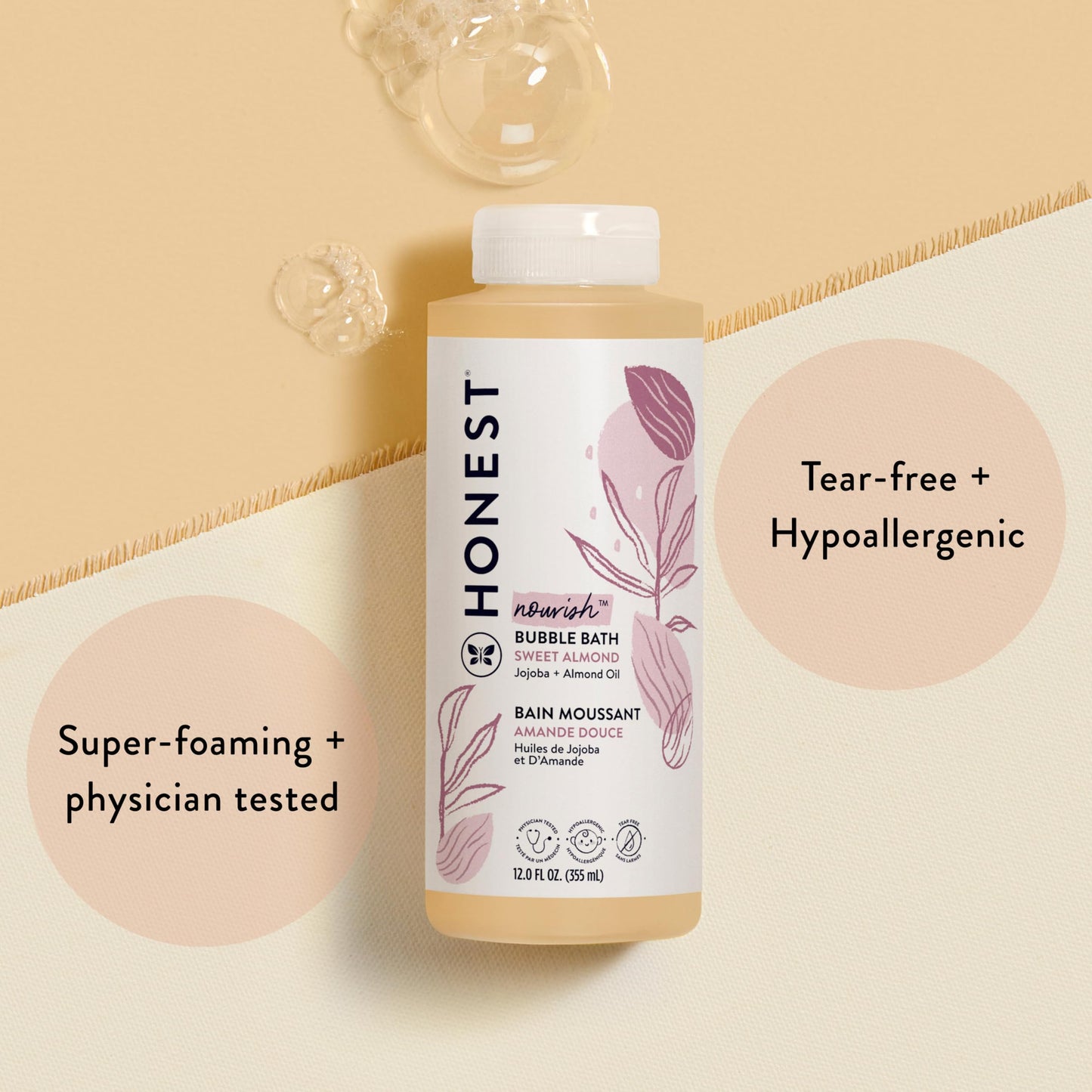 The Honest Company Foaming Bubble Bath, Gentle for Baby, Naturally Derived, Tear-free, Hypoallergenic, Sweet Almond Nourish, 12 fl oz