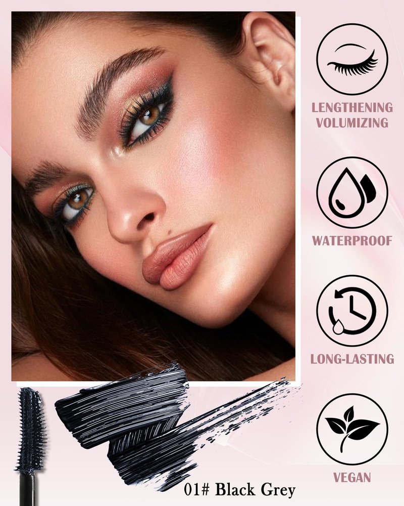 Black Grey Waterproof Mascara, Liquid Lashes Extensions Mascara with Dual-Sided Brush, Great for Lengthening and Volumizing Eyelashes, Tubing Mascera Fiber No Clumping, Long Lasting, Smudge-Proof-01