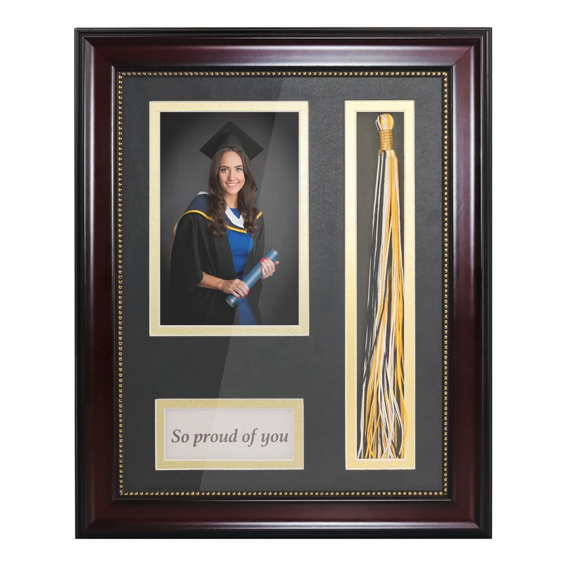 GraduationMall Graduation Photo Shadow Box Frame with Tassel Holder for 4x6 Pictures,Real Glass,Black over Gold Double Mat,Wall & Tabletop Design