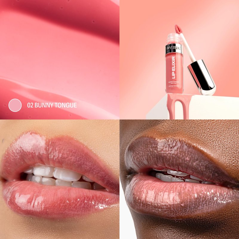 Sacheu Lip Elixir Nourishing and Hydrating Lipgloss — Moisturizing Plumping Lip Gloss Enriched with Collagen, Non-Sticky Lip Color Smooth High-Shine Finish, Vegan & Cruelty-Free, Bunny Tongue (Pink)