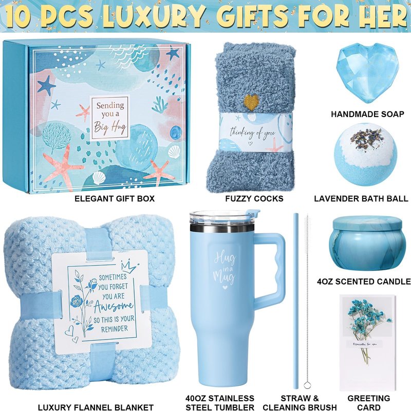 Birthday Gifts for Women Self Care Get Well Soon Gifts, Ocean Relaxing Spa Kit Bath Gift Basket Care Package w/ Flannel Blanket 40 OZ Tumbler, Mother's Day Gift for Mom Her Wife Girlfriend Sister