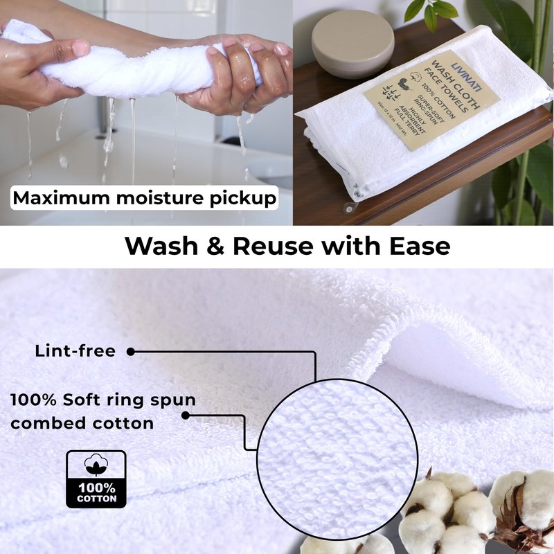 LIVINATI White 100% Cotton Wash Cloths for Showering Body and Face - 12"X12" 6 Pack Washcloths - Small Terry Towel Bath Rags for Adults and Kids Bathroom - Soft Absorbent